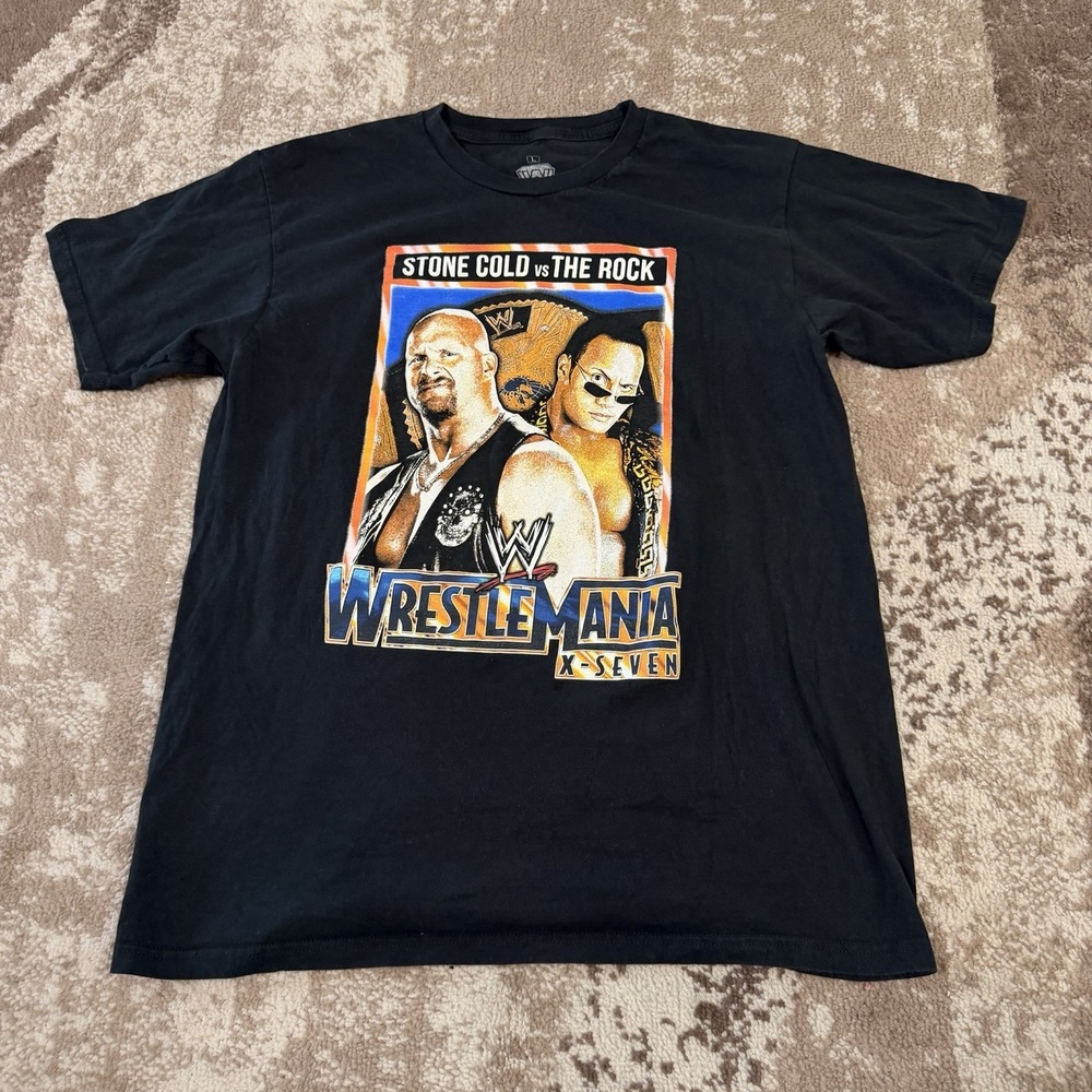 WWF Wrestlemania XVII T-Shirt Adult Large Black The Rock Stone Cold Steve Austin